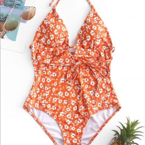 orange floral one piece swimsuit
